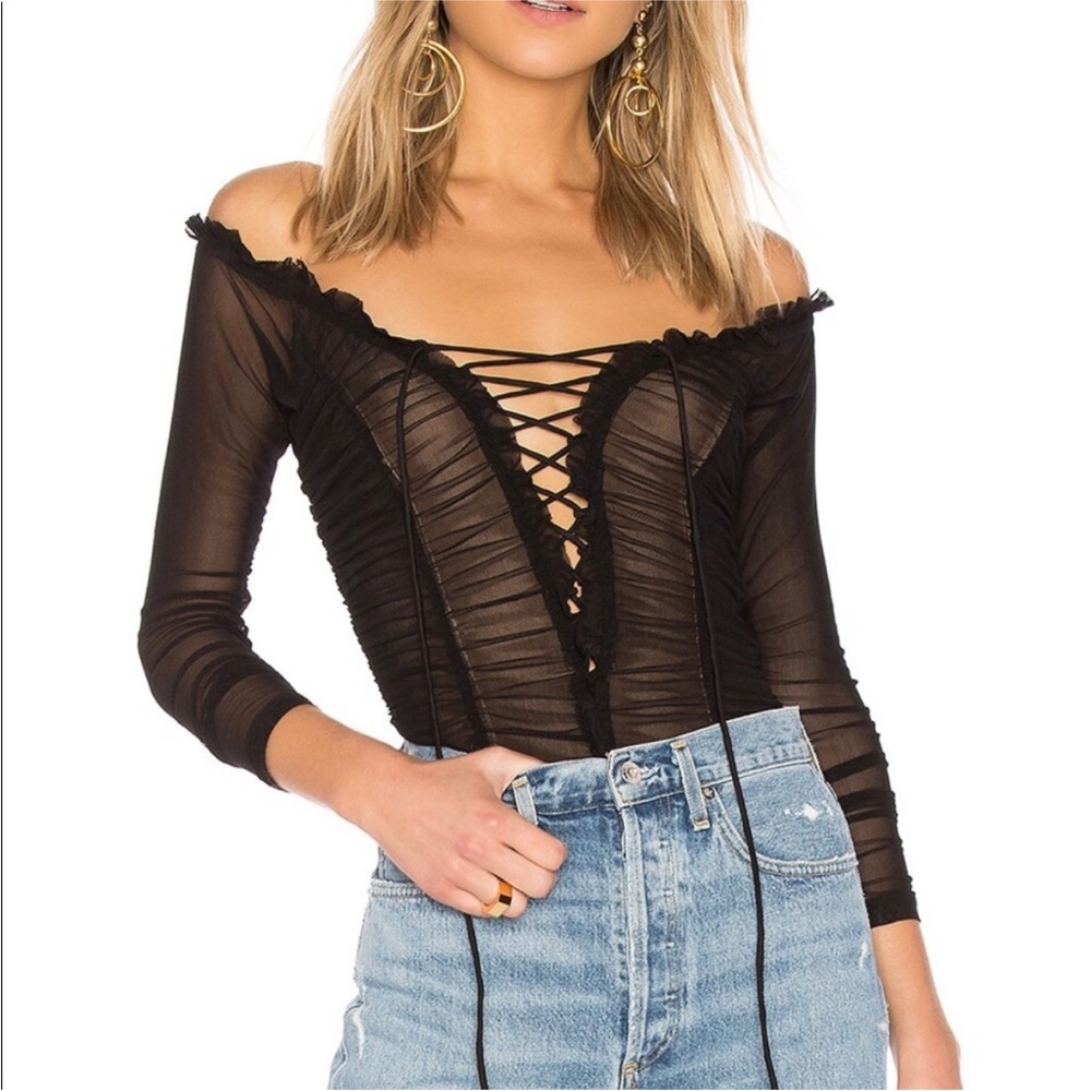 Majorelle Cleo Elegant Black Off-Shoulder Lace-Up Bodysuit